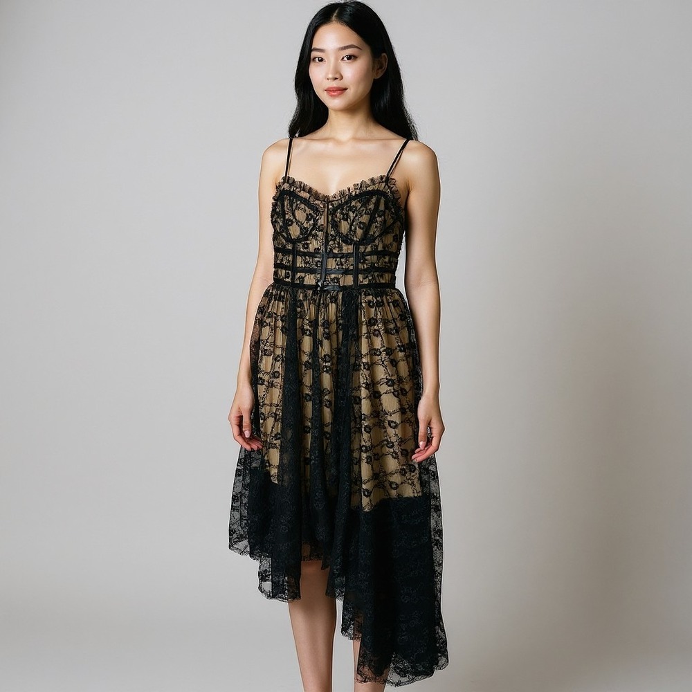 Goth Fairy Core Whimsgoth Witchy Black Lace Corset Romantic Midi Sheer Dress S‎